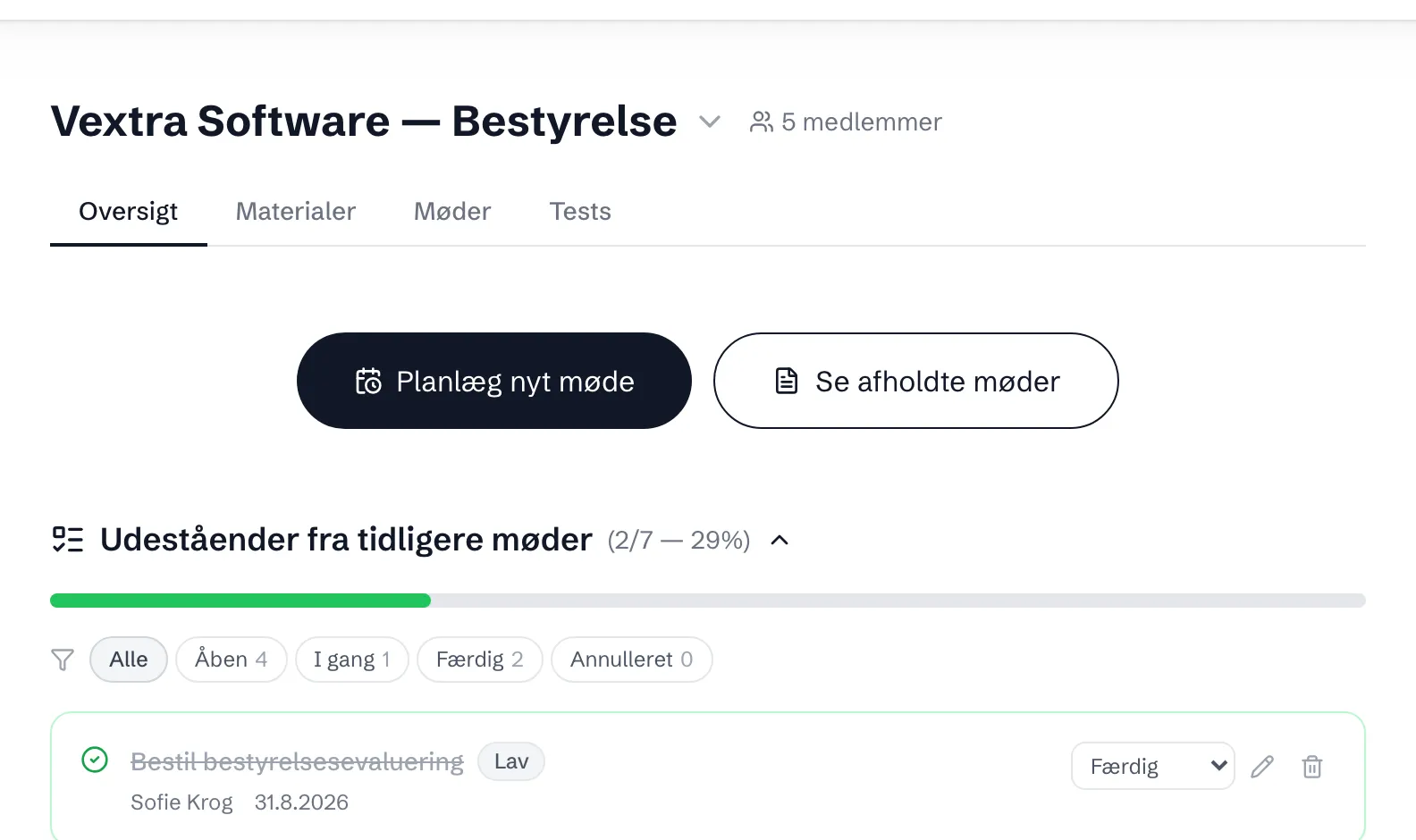 Bestyrelsens oversigt i BoardReady: planlæg næste møde, se afholdte møder og udeståender fra tidligere møder.