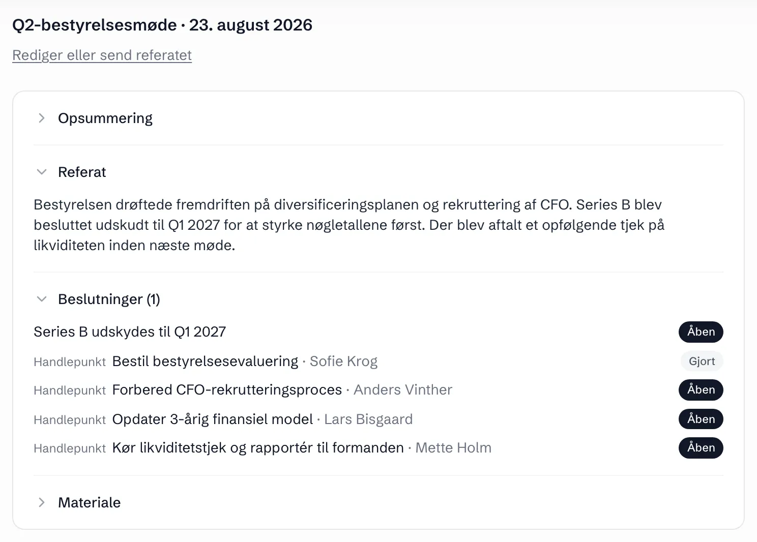 Referatudkast fra et afholdt møde i BoardReady med beslutninger og handlepunkter.