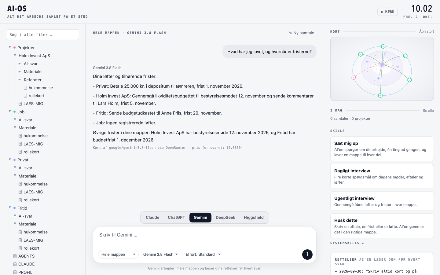 Dashboardet med Gemini valgt i chatvinduet og svaret på spørgsmålet om løfter og frister fra alle mapper.