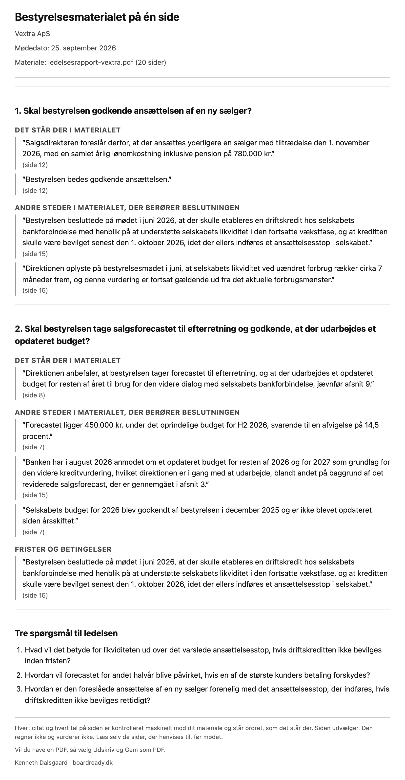 Eksempel på bestyrelsesmaterialet på én side, lavet ud fra en ledelsesrapport på 20 sider